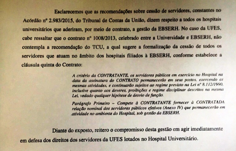 Sintufes vai exigir que o reitor da Ufes não faça cessão de trabalhadores RJU do Hucam à EB$ERH