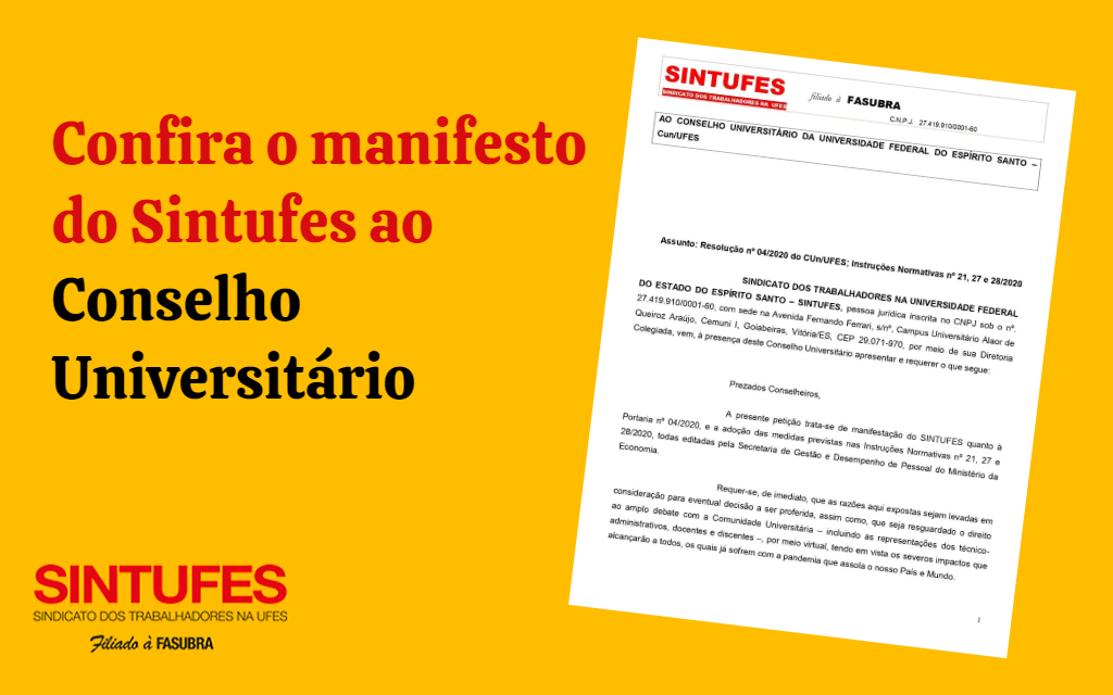 Em manifesto ao Conselho Universitário, Sintufes cobra que medidas da gestão Ufes não prejudiquem a categoria