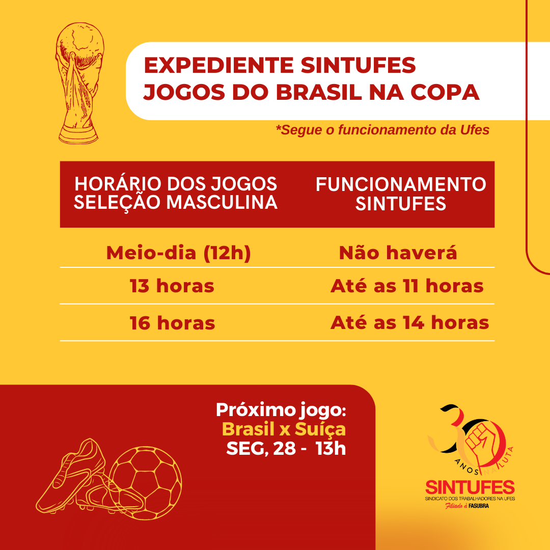 Brasil na Copa: Veja os horários de funcionamento das sedes do Sintufes em  dias de jogos da seleção