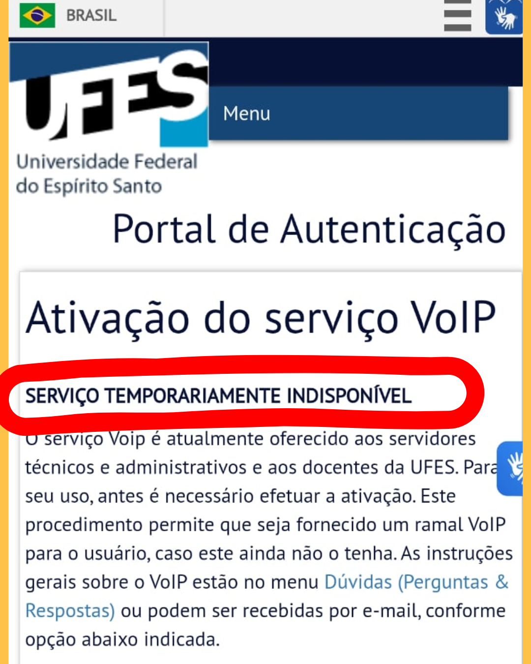 Print do Site da Ufes informa que o VoIP está indisponível